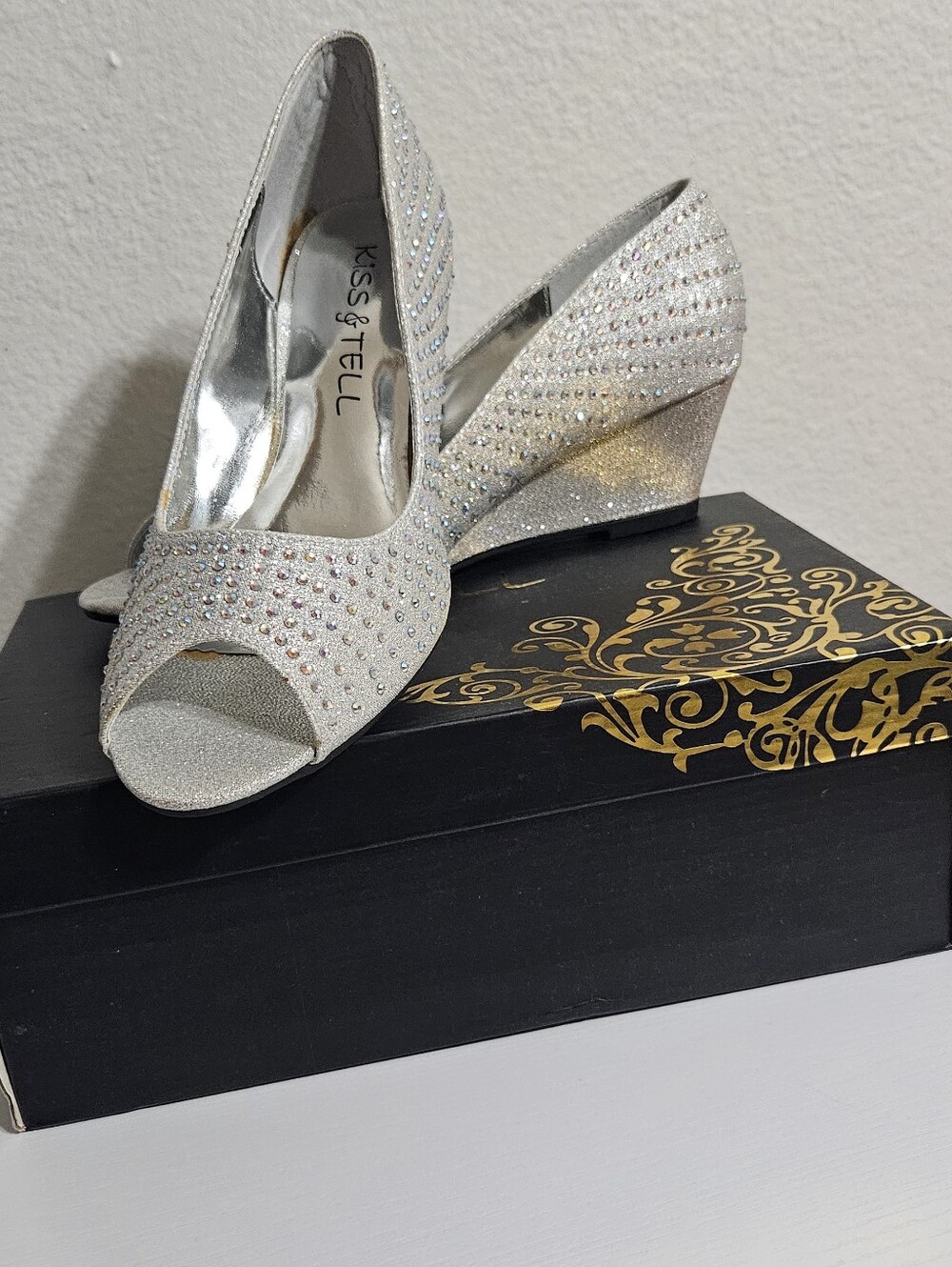 Kiss & Tell Silver Open-Toe Wedge Heels with Rhinestone Detail